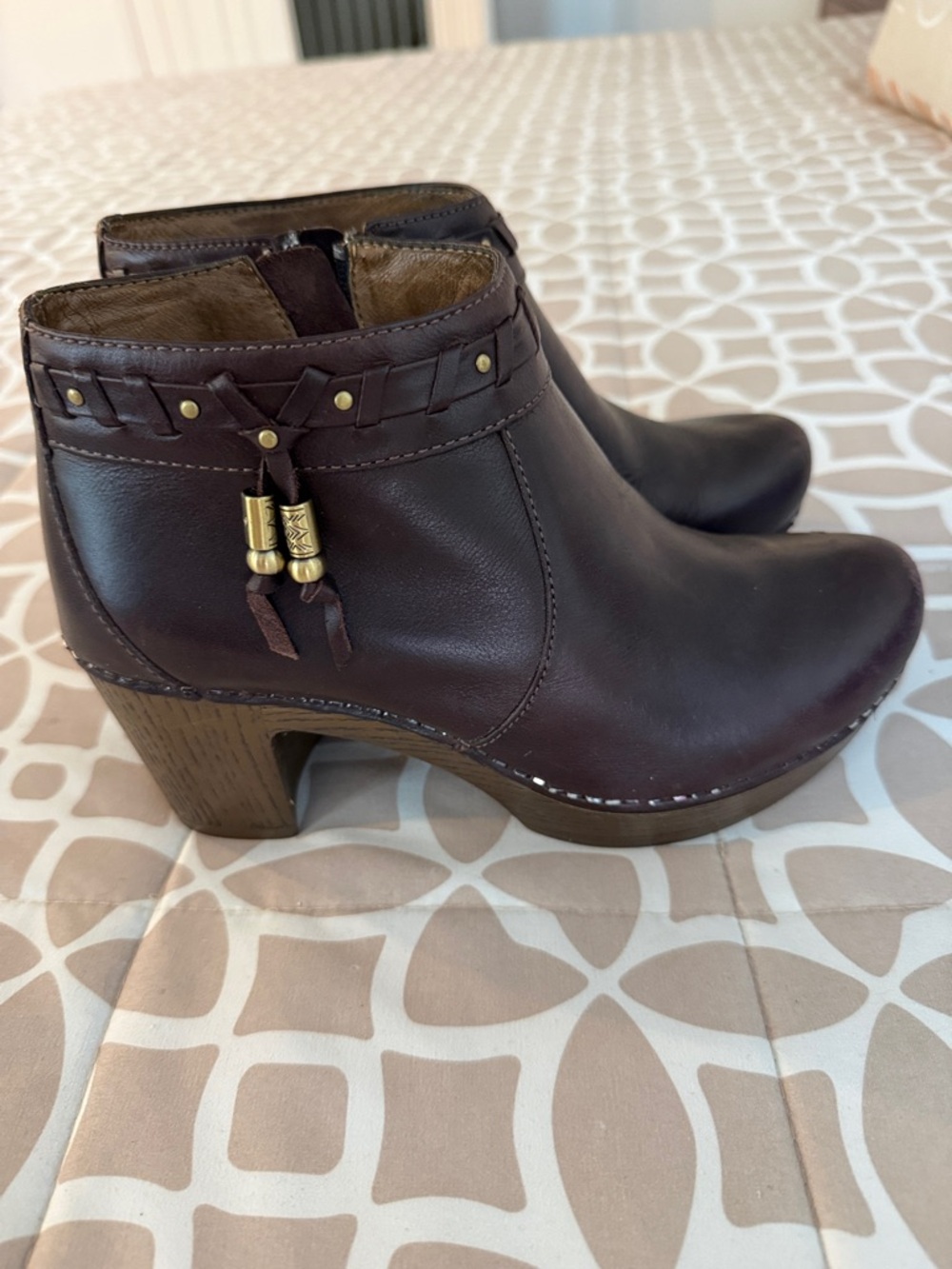 Dansko- Women's Dark Brown Leather Ankle Booties with Decorative Tassels
